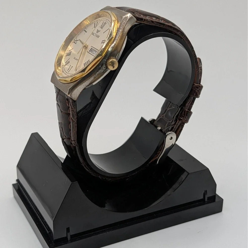 Waltham Quartz Watch Gold‎ Tone Roman Dial Day Date 33mm Sapphire Crystal